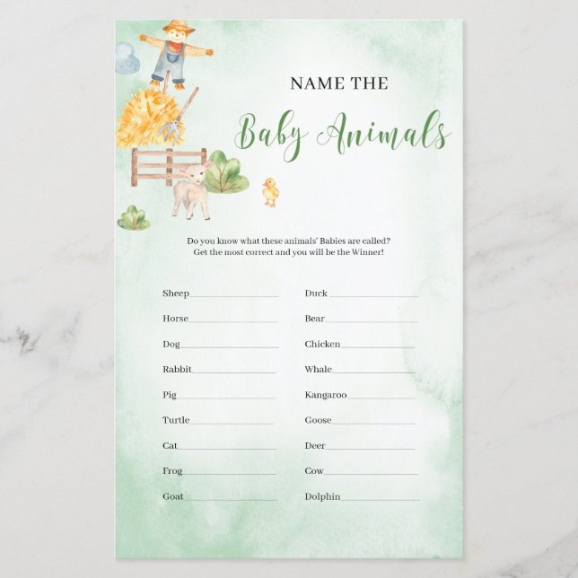 Papier Nommez la ferme de jeu de baby shower pour bébés a (Devant)