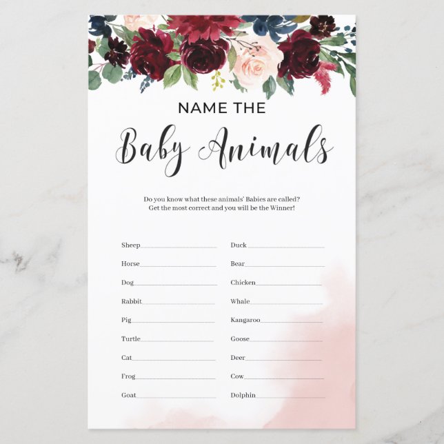Papier Nommez les bébés animaux burgundy marine jeu flora (Devant)
