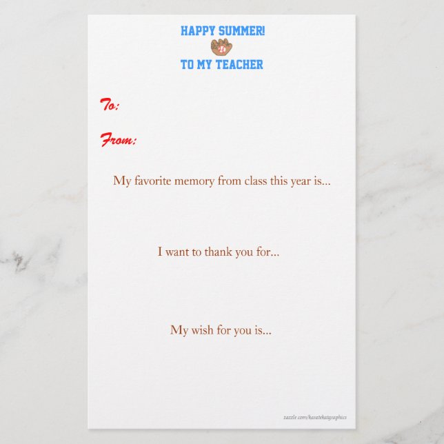 Papier Note de remerciement du professeur de fin d'année (Devant)