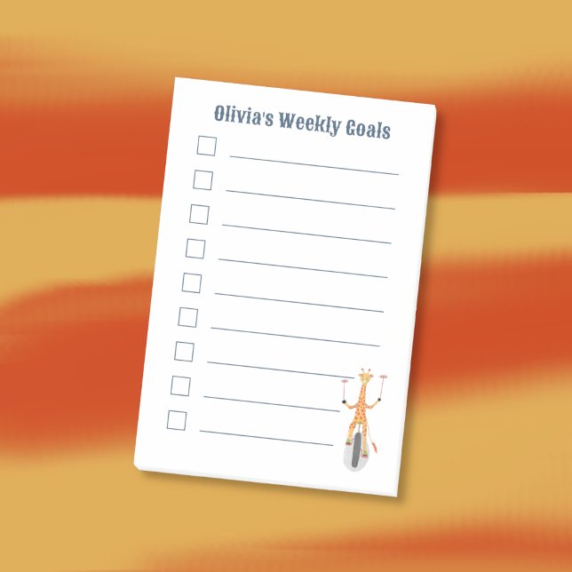 Papier notes Post-It Objectifs Enfant Girafe sur u (Personalized kids sticky notes featuring a cartoon giraffe on a unicycle . )