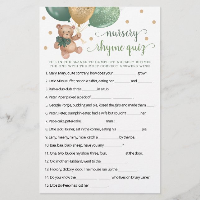 Papier Nourrisson Rhyme Quiz Jeu Baby shower Teddy Bear (Devant)