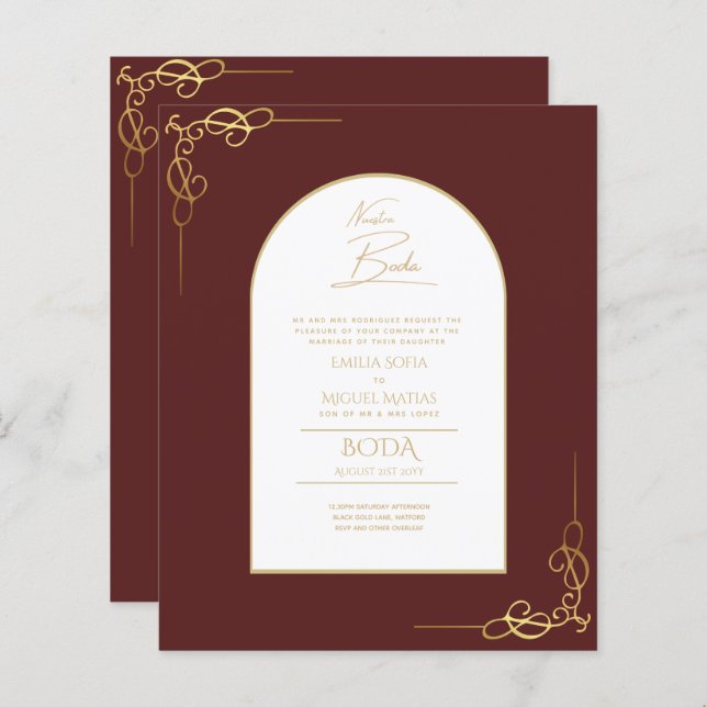 Papier Nuestra Boda Budget Or Accent Invitation bilingue (Devant / Derrière)