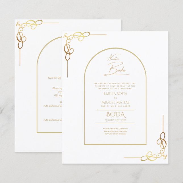 Papier Nuestra Boda Budget Or Accent Invitation bilingue (Devant / Derrière)