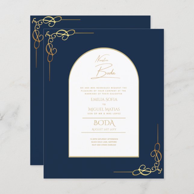 Papier Nuestra Boda Budget Or Accent Invitation bilingue (Devant / Derrière)