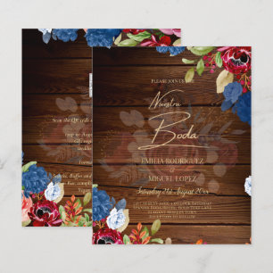 Papier NUESTRA BODA Burgundy Blue Floral Wedding INVITE
