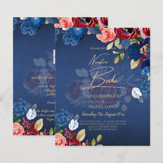 Papier NUESTRA BODA Burgundy Blue Floral Wedding INVITE (Devant / Derrière)