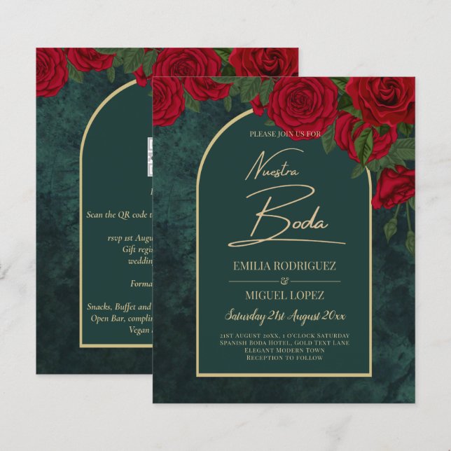 Papier NUESTRA BODA Green Gold RED Roses INVITATION d'hiv (Devant / Derrière)