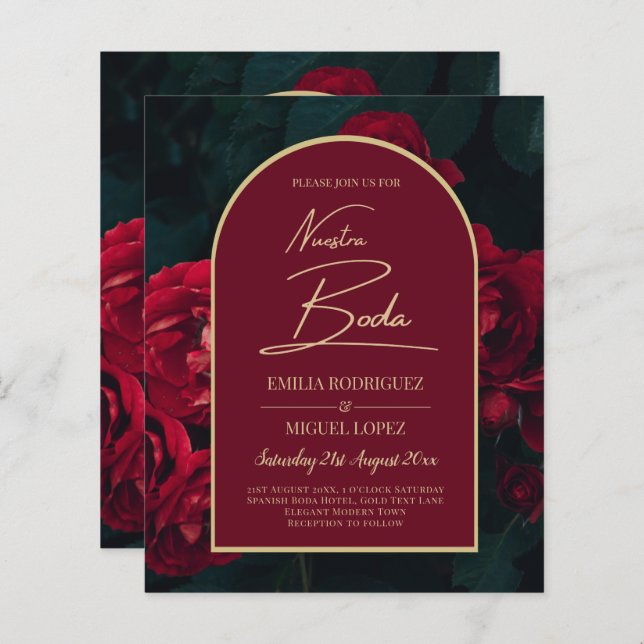 Papier NUESTRA BODA Red Roses Forest Green INVITATION d'h (Devant / Derrière)