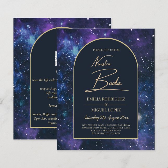 Papier NUESTRA BODA Starry Nuit violet bleu INVITATION (Devant / Derrière)