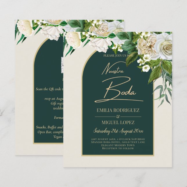 Papier NUESTRA BODA Vert Or Blanc Roses INVITATION d'hive (Devant / Derrière)