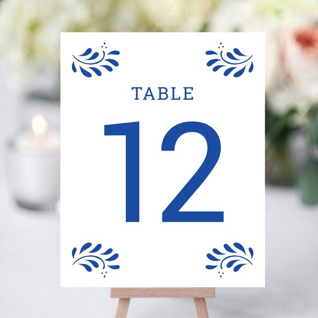 Papier Numéro de table de mariage bleu de style Puebla (Puebla Style Blue Wedding Table Number by Fiesta Valley Print)