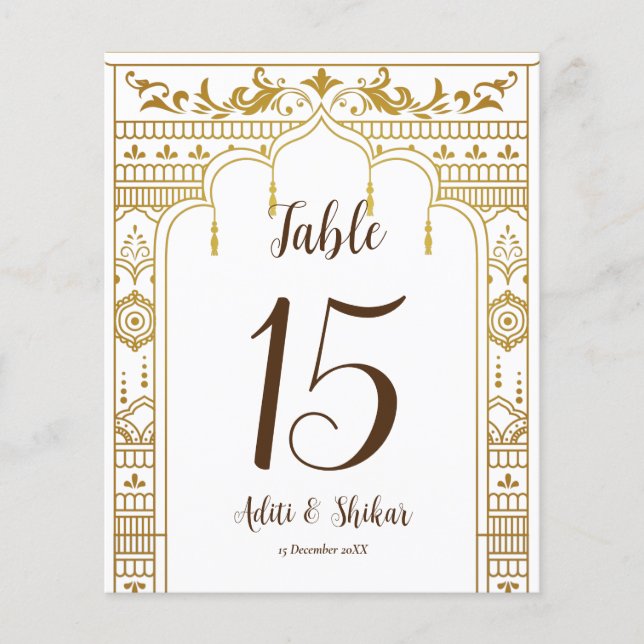 Papier Numéro de table Mandap d'or avec les noms de coupl (Devant)