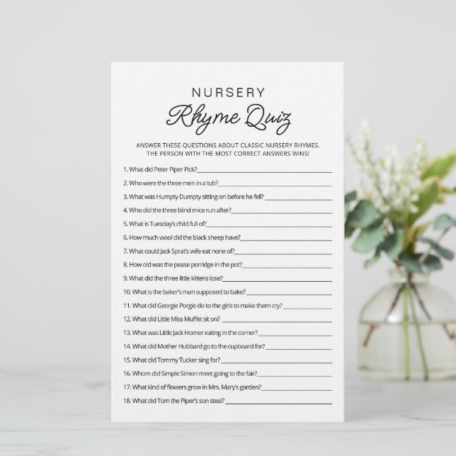 Papier Nursery Rhyme Quiz jeu de Baby shower avec réponse (Debout devant)
