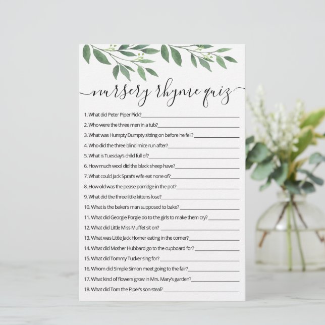 Papier Nursery Rhyme Quiz jeu de Baby shower avec réponse (Debout devant)