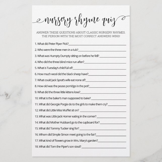Papier Nursery Rhyme Quiz jeu de Baby shower avec réponse (Devant)