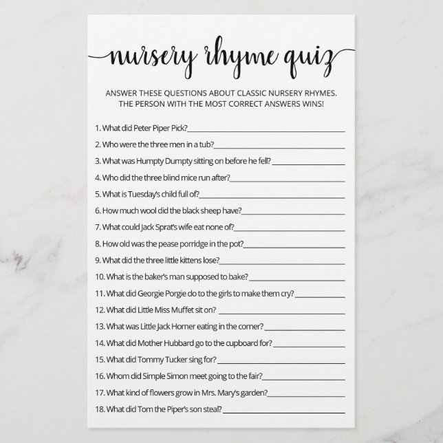 Papier Nursery Rhyme Quiz jeu de Baby shower avec réponse (Devant)