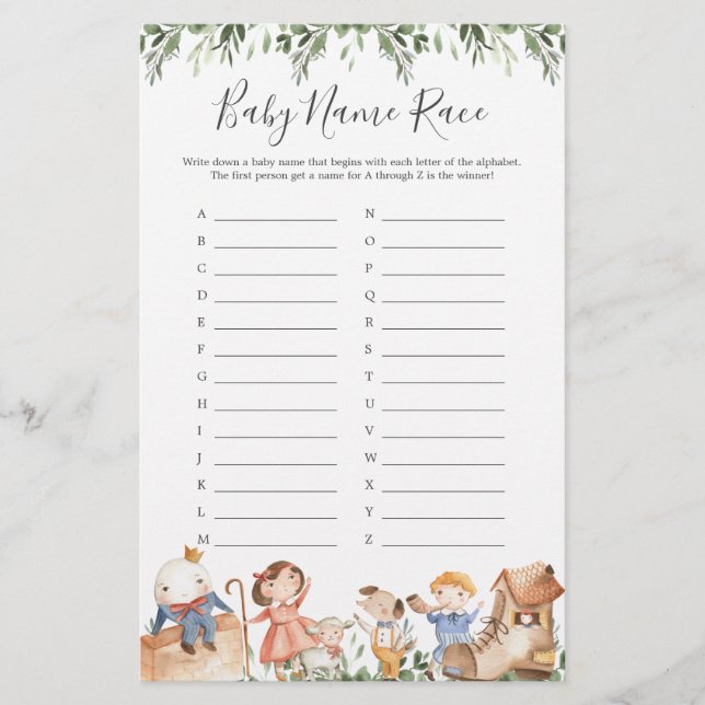 Papier Nursery Rhymes Baby shower Nom de la course Jeu (Devant)
