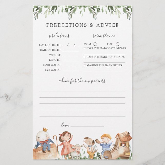 Papier Nursery Rhymes Baby shower Prédictions et conseils (Devant)