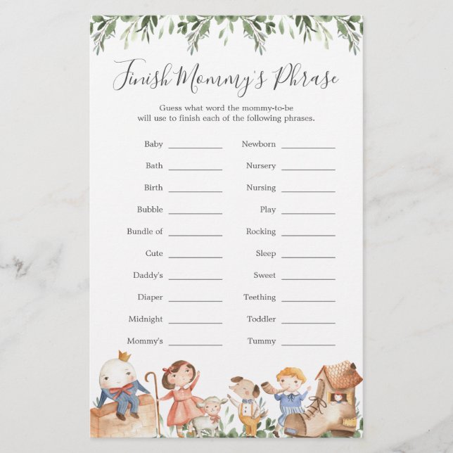 Papier Nursery Rhymes Baby shower Terminer la phrase de m (Devant)