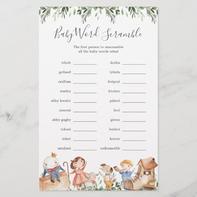 Papier Nursery Rhymes Baby shower Word Scramble Jeu (Devant)