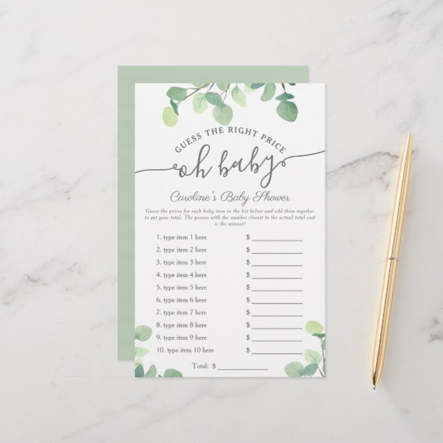 Papier Oh Baby Guess Prix Vert Baby shower Jeu (Devant/Arrière en situation)