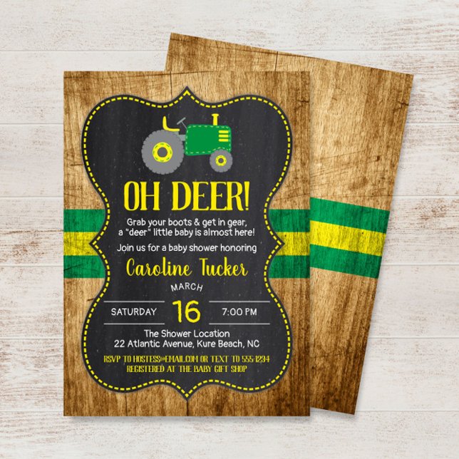 Papier Oh Deer Green Tractor Baby shower Invitation (Créateur téléchargé)