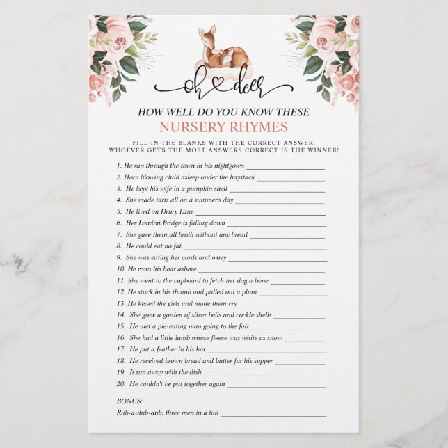 Papier Oh Deer Nursery Rhyme Jeux Baby showers (Devant)