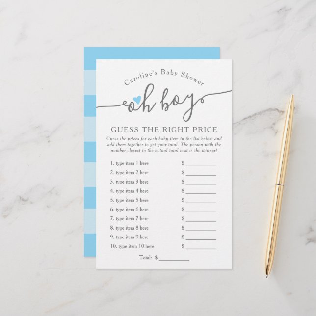 Papier Oh garçon Devinez le bon prix Baby shower bleu jeu (Devant/Arrière en situation)