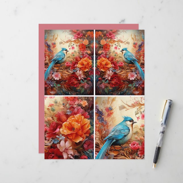 Papier Oiseau bleu 1c rose (Devant/Arrière en situation)