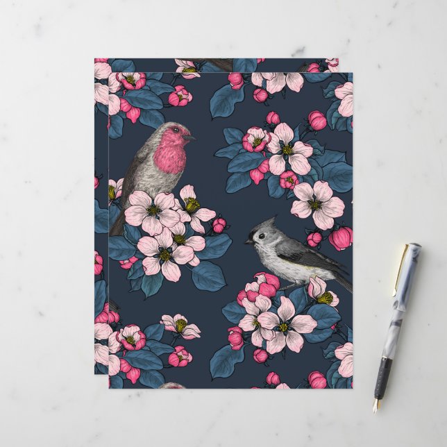 Papier Oiseaux et fleurs (Devant/Arrière en situation)