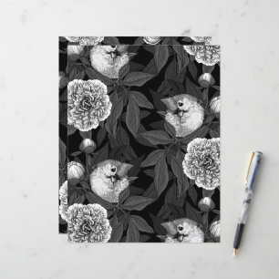 Papier Oiseaux et fleurs de pivoines monochromes, gris