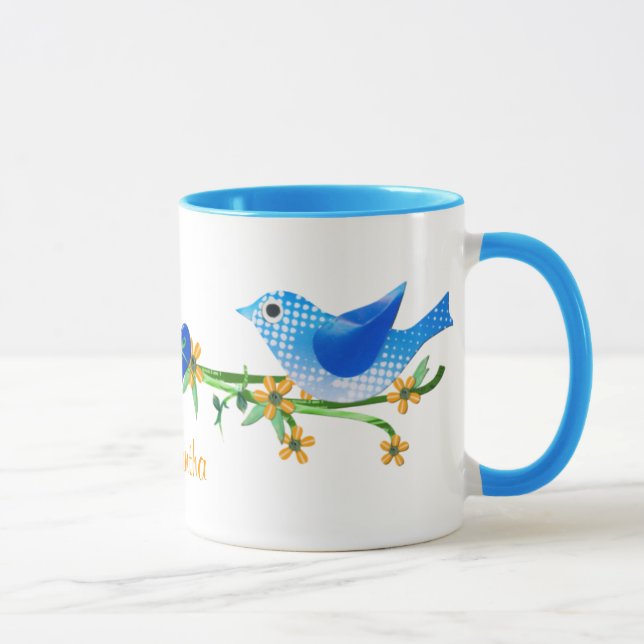 Papier Oiseaux Nom personnalisé Mug bleu (Droite)