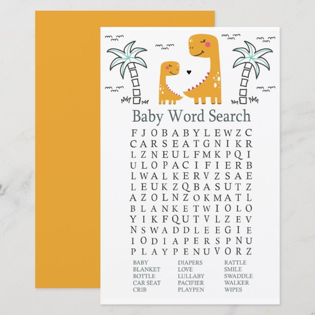 Papier Orange Dinosaur Baby shower Word Recherche Jeu (Devant / Derrière)