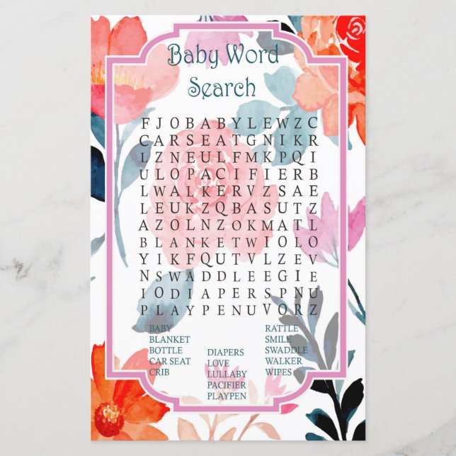 Papier Orange fleurs Baby shower Mot de recherche Jeu (Devant)