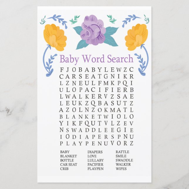 Papier Orange Purple Fleurs Baby shower Word Recherche Je (Devant)