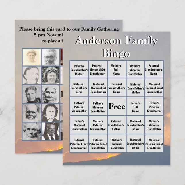 Papier Orange Sunset Mountain Photo Family Bingo (Devant / Derrière)