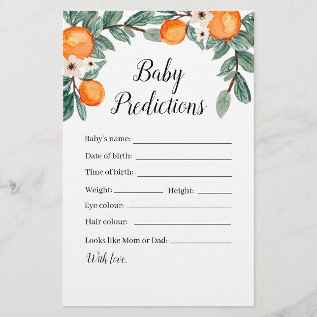 Papier Oranges Baby shower jumeau Baby Predictions Jeu (Devant)