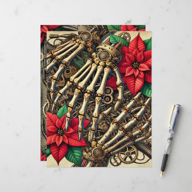 Papier Os à main Steampunk Festif avec Poinsettia (Devant/Arrière en situation)
