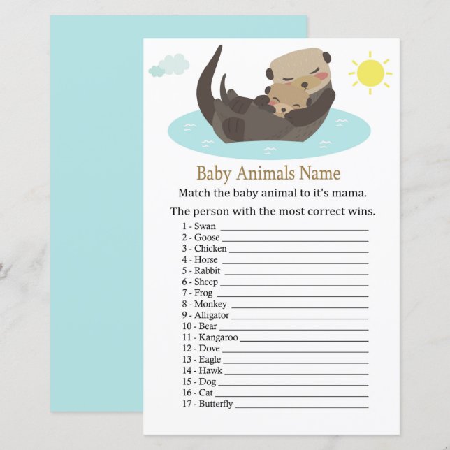 Papier Otter Baby Animaux Nom Jeu (Devant / Derrière)