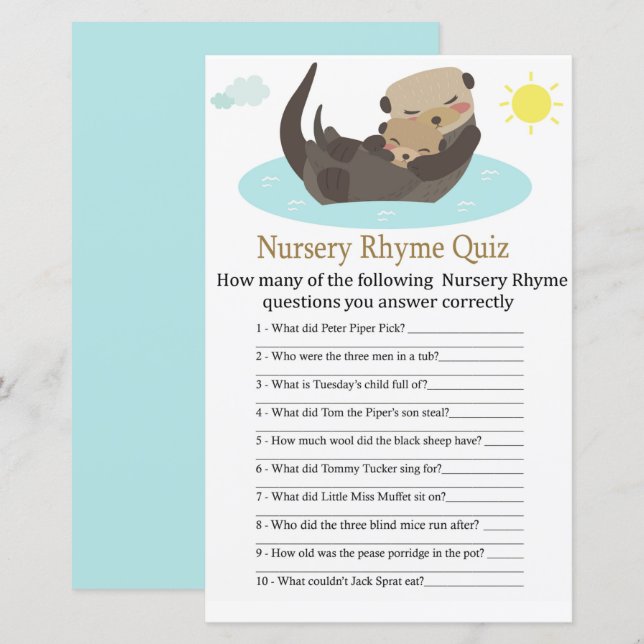 Papier Otter Nursery Rhyme Quiz jeu de baby shower (Devant / Derrière)