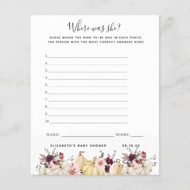Papier Où était-elle | Jeu Baby shower (Devant)