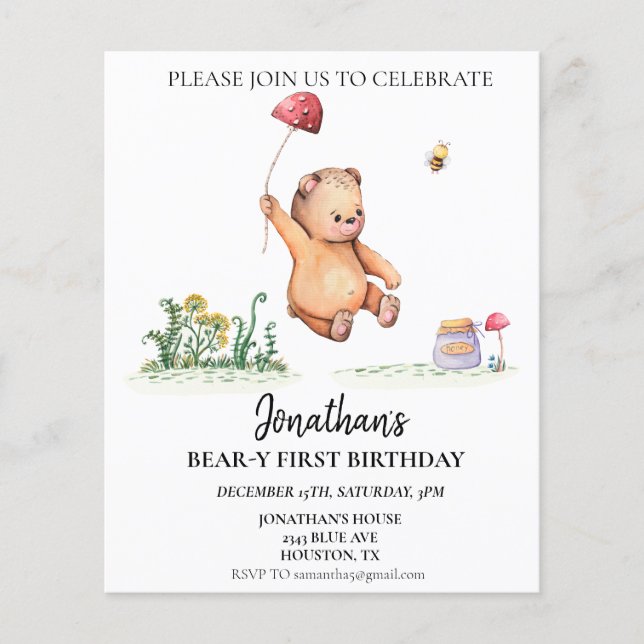 Papier Ours 1er Premier Anniversaire Aquarelle Ours Migno (Devant)