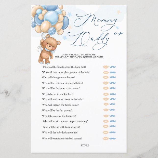 Papier Ours Baby shower Jeu Devinez Qui Maman ou Papa (Devant)