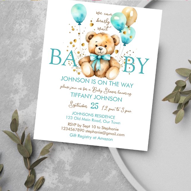 Papier Ours en peluche à peine attendre la baby shower bu (Bearly wait teddy bear baby shower budget affordable invitation cute teddy with a aqua blue balloons)