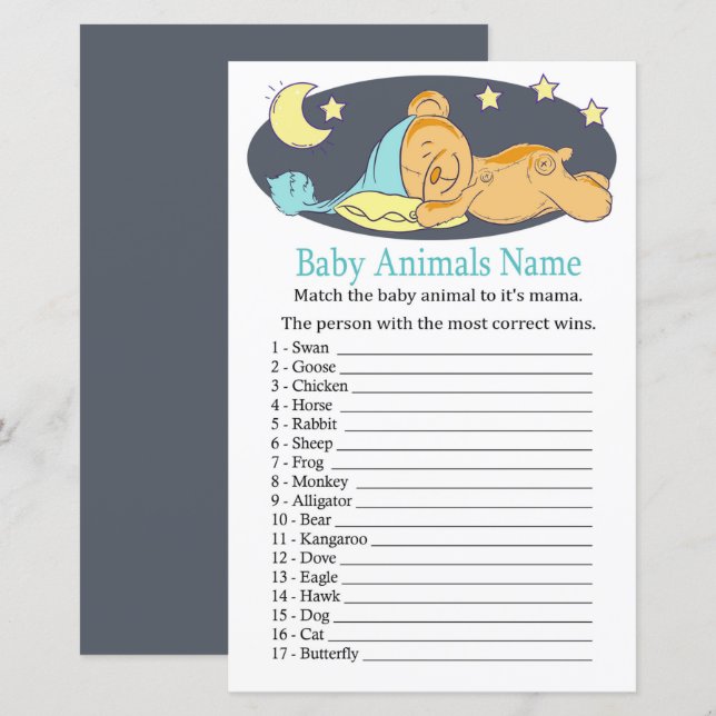 Papier Ours en peluche endormi Bébé Animaux Nom Jeu (Devant / Derrière)