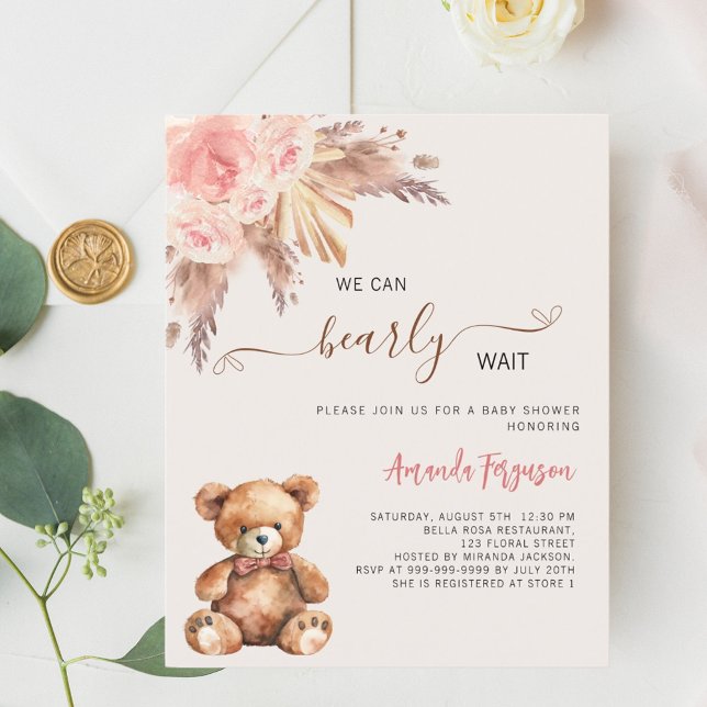 Papier Ours en peluche herbe de pampas rose fille baby sh (Créateur téléchargé)