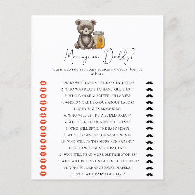 Papier Ours et miel - maman ou papa jeu de baby shower (Devant)