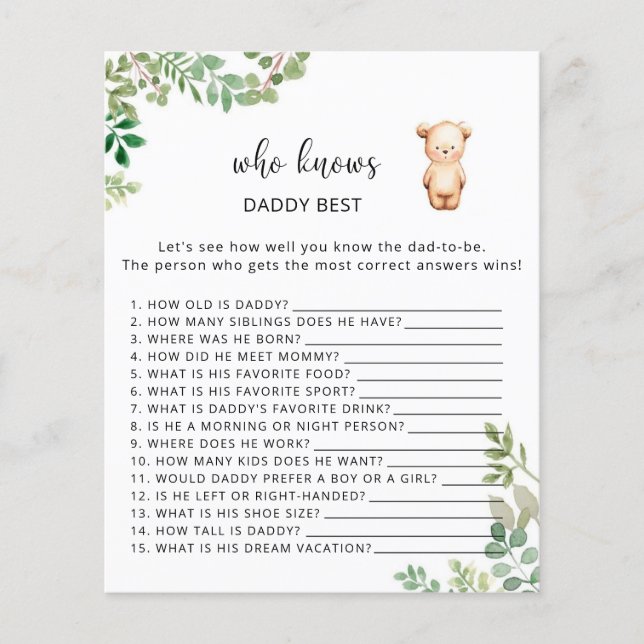 Papier Ours floral Qui connaît le mieux DADDY (Devant)