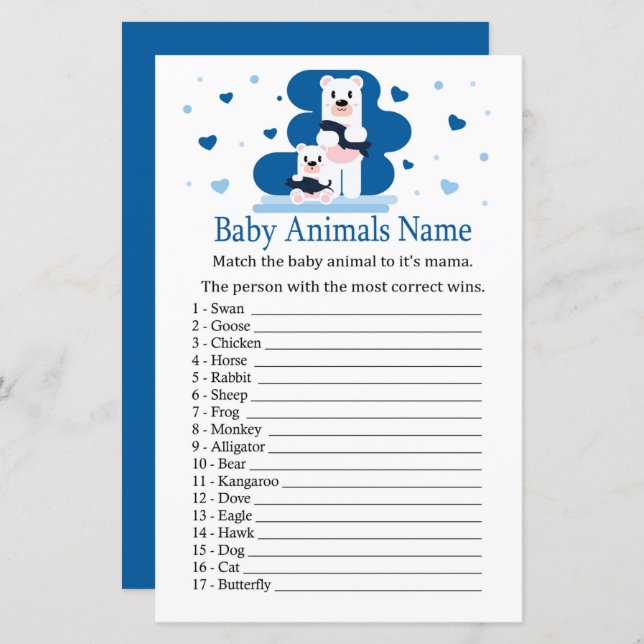 Papier Ours polaire Bébé Animaux Nom Jeu (Devant / Derrière)