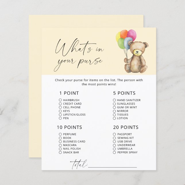 Papier Ours - Qu'y a-t-il dans votre sac à main (Devant / Derrière)